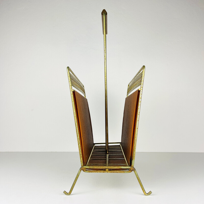 Vintage brass and imitation leather magazine rack, Italy 1960