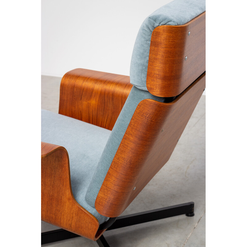 Paire de fauteuils vintage en teck et velours avec repose-pieds, 1960