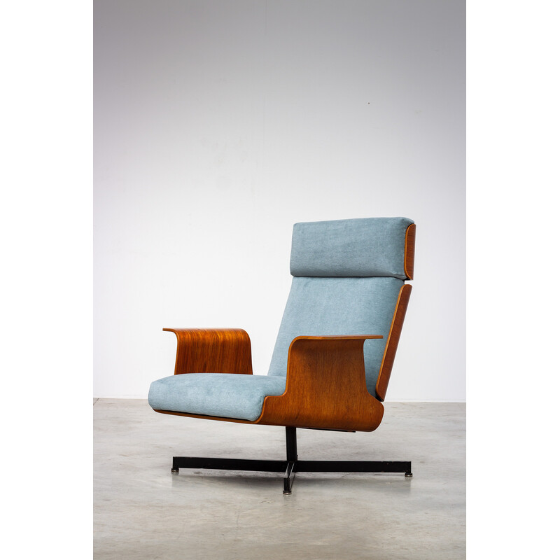 Pair of vintage teak and velvet armchairs with footrests, 1960