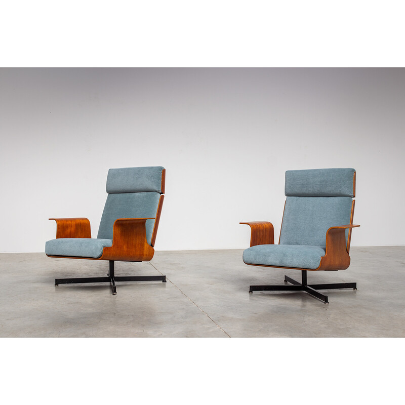 Pair of vintage teak and velvet armchairs with footrests, 1960