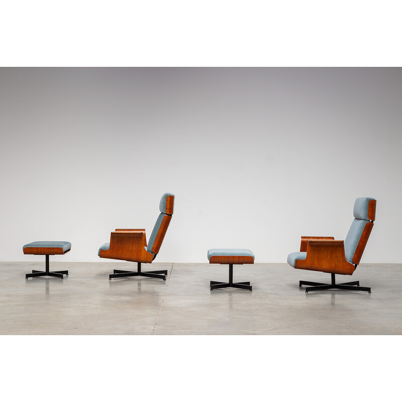 Pair of vintage teak and velvet armchairs with footrests, 1960