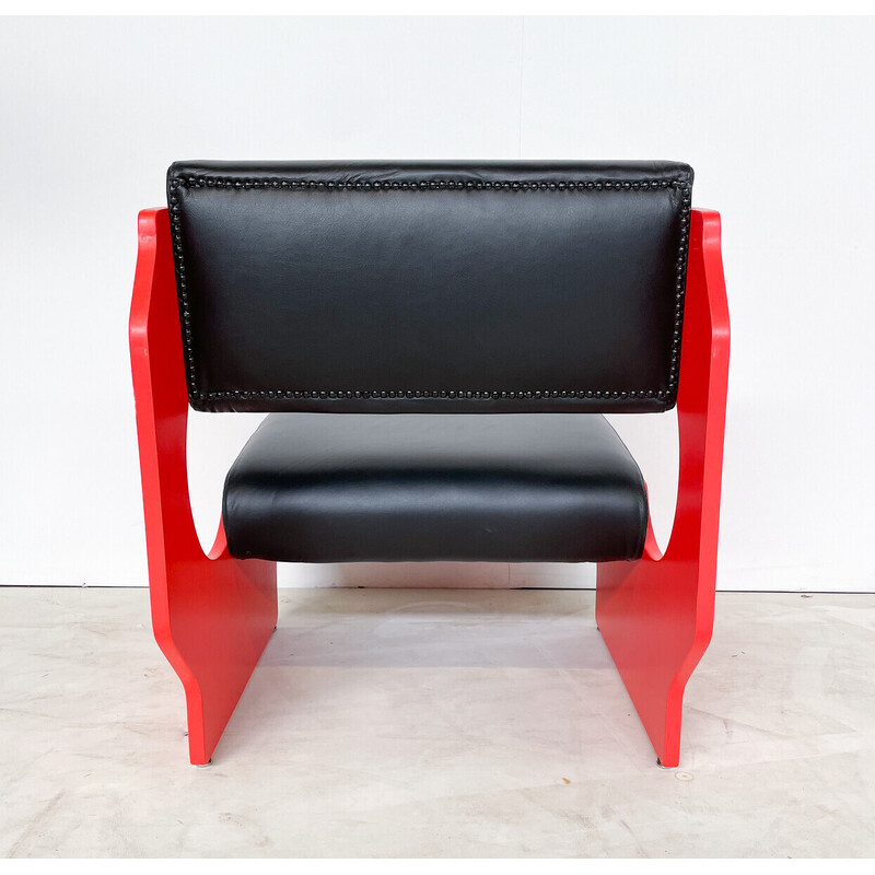 Pair of vintage armchairs in red lacquered wood and black leather, Italy 1980