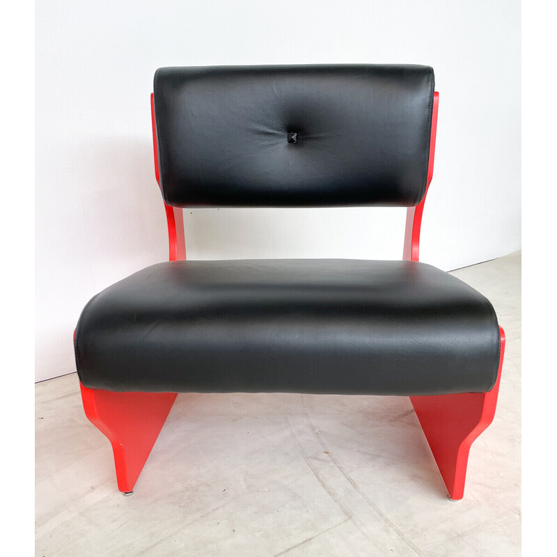 Pair of vintage armchairs in red lacquered wood and black leather, Italy 1980