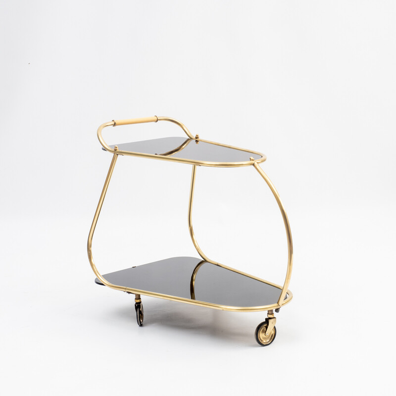 Vintage streamline serving trolley in brass and glass, 1950