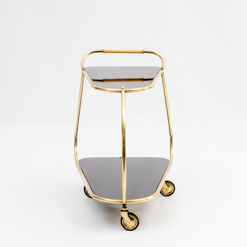 Vintage streamline serving trolley in brass and glass, 1950