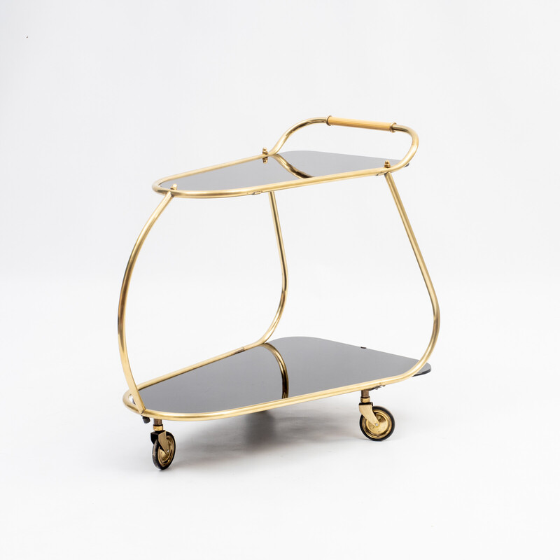 Vintage streamline serving trolley in brass and glass, 1950