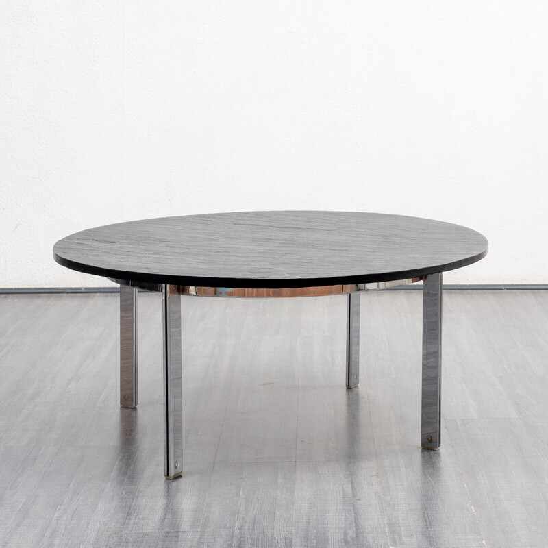 Vintage chrome-plated flat steel and slate stone coffee table, 1970