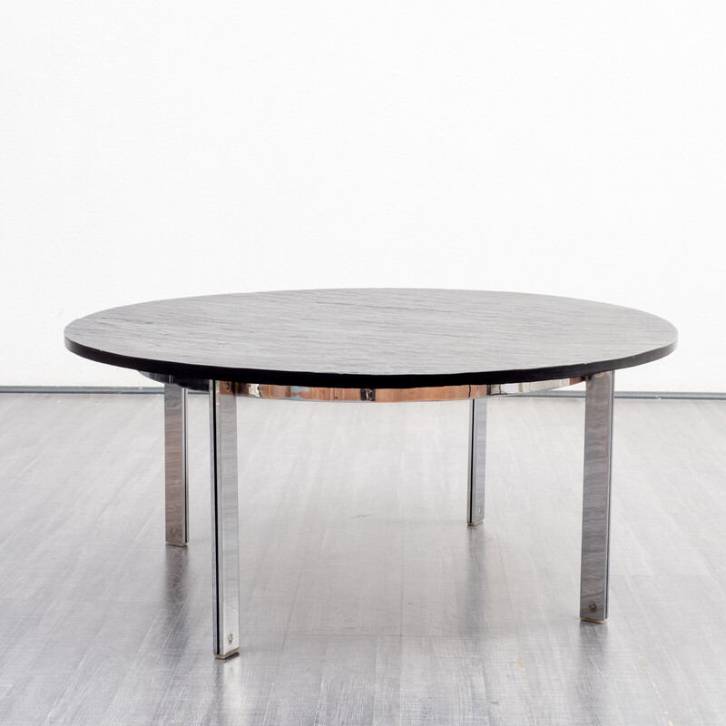 Vintage chrome-plated flat steel and slate stone coffee table, 1970