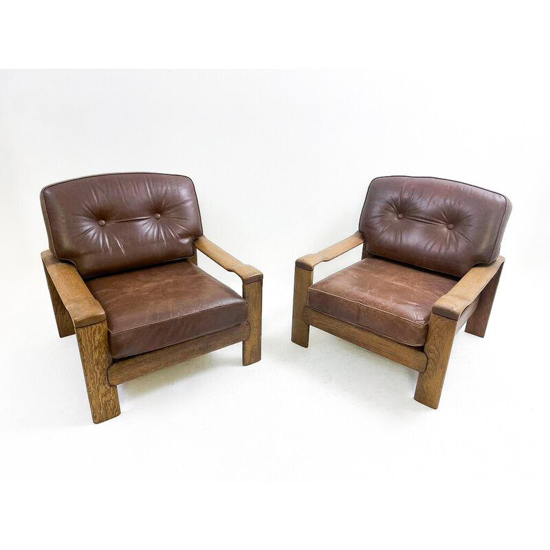 Pair of vintage leather and oakwood armchairs, 1960