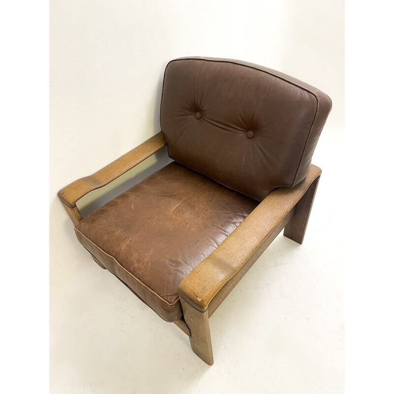 Pair of vintage leather and oakwood armchairs, 1960