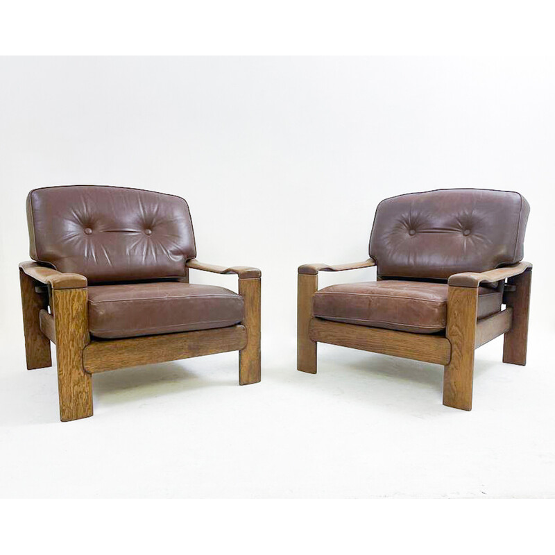Paar vintage lederen en eiken fauteuils, 1960