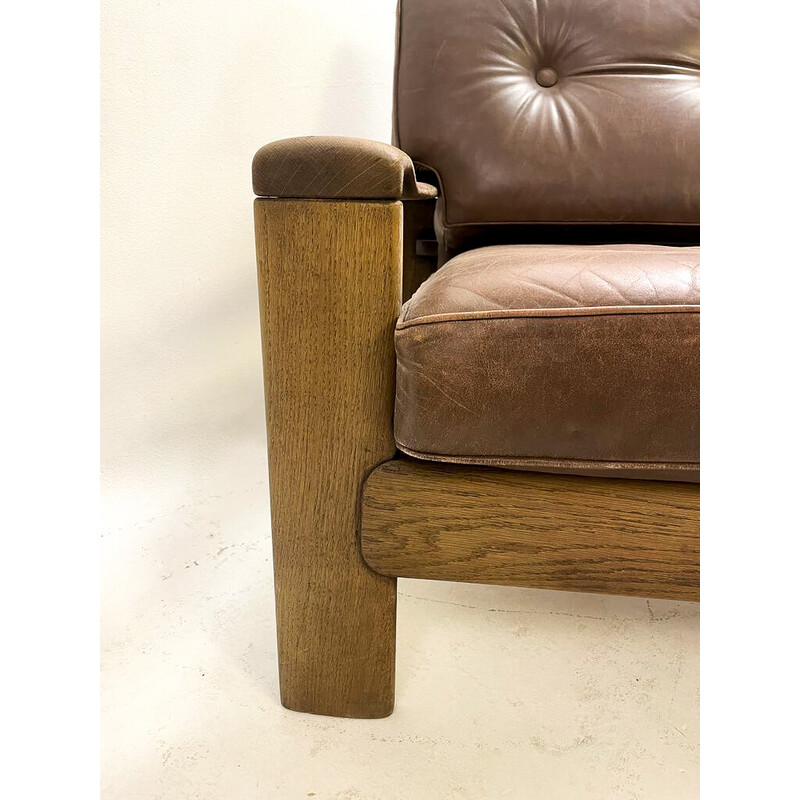 Pair of vintage leather and oakwood armchairs, 1960