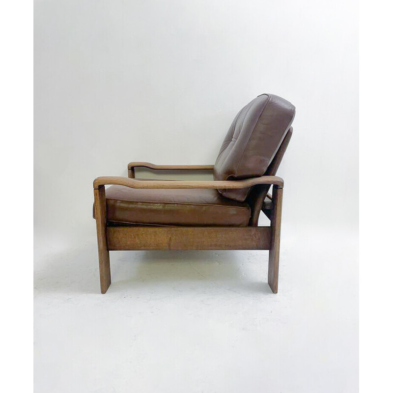 Paar vintage lederen en eiken fauteuils, 1960