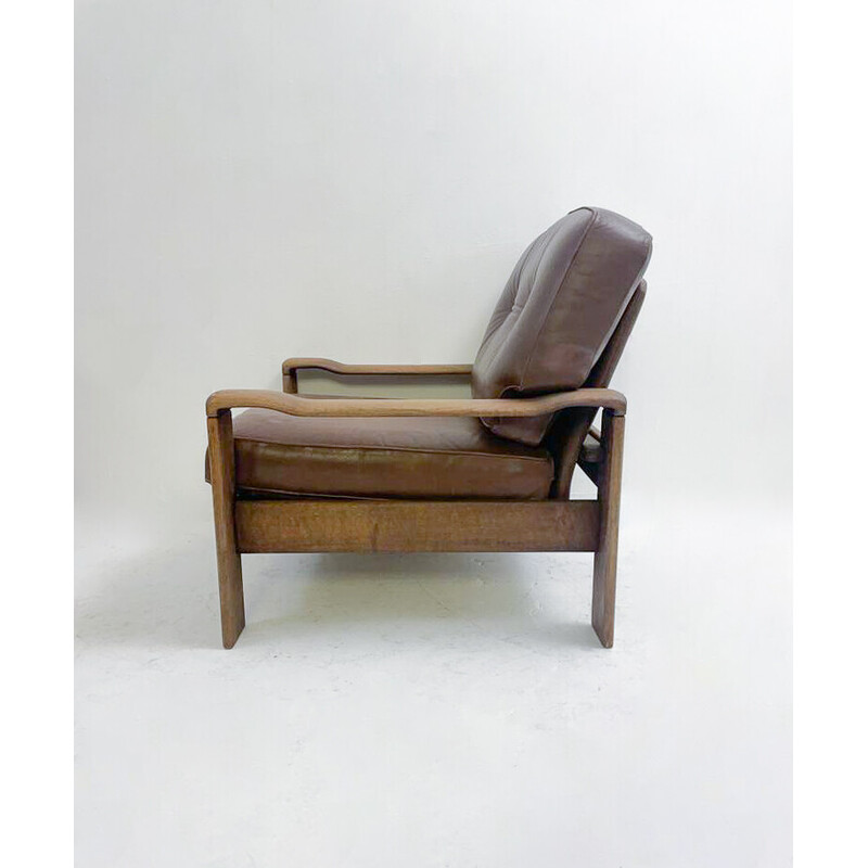 Pair of vintage leather and oakwood armchairs, 1960