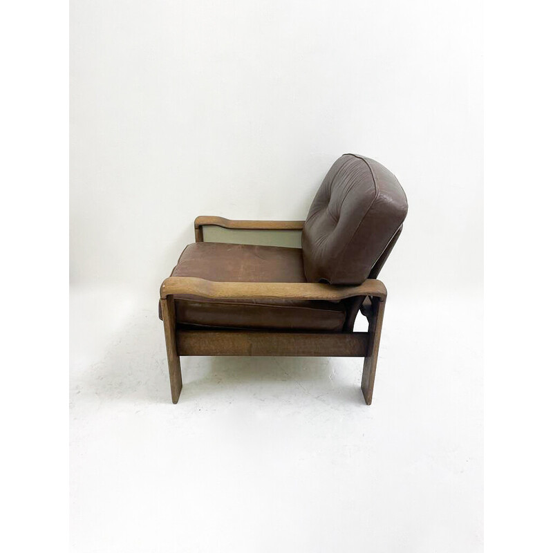 Paar vintage lederen en eiken fauteuils, 1960