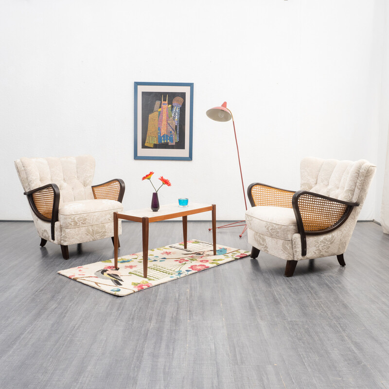 Vintage beechwood armchair with wickerwork, 1950