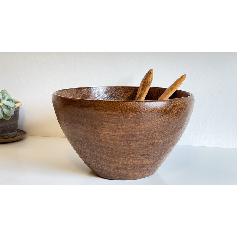 Vintage teak wood salad bowl and cutlery set