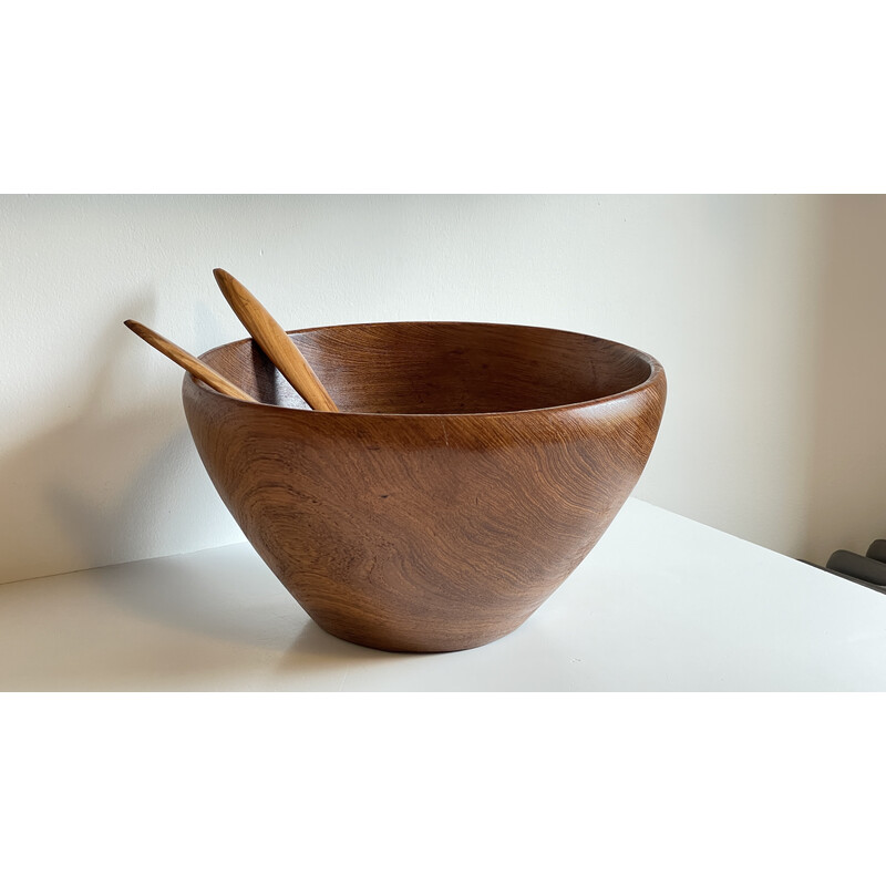 Vintage teak wood salad bowl and cutlery set