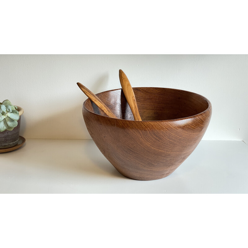 Vintage teak wood salad bowl and cutlery set