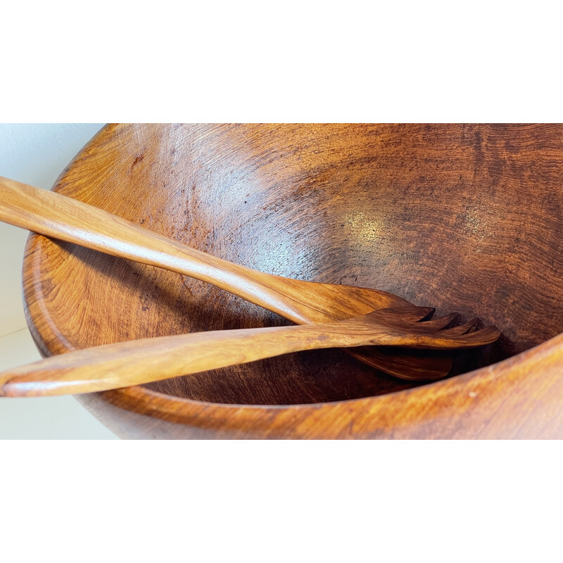 Vintage teak wood salad bowl and cutlery set