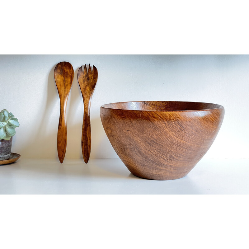 Vintage teak wood salad bowl and cutlery set