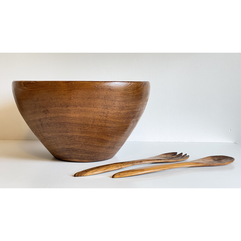 Vintage teak houten salade en bestek schaal