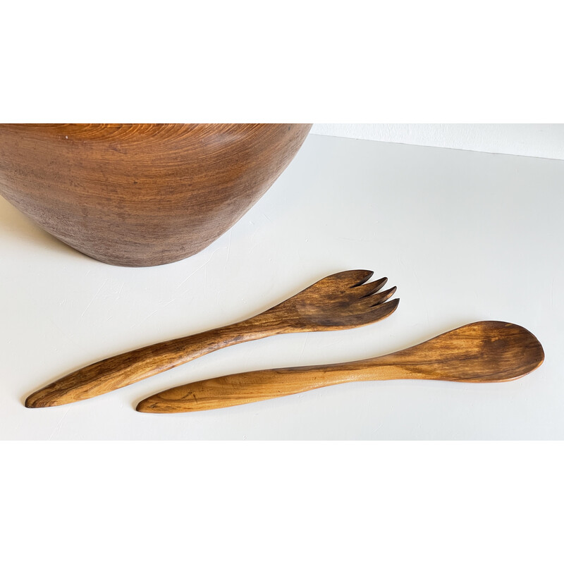 Vintage teak houten salade en bestek schaal