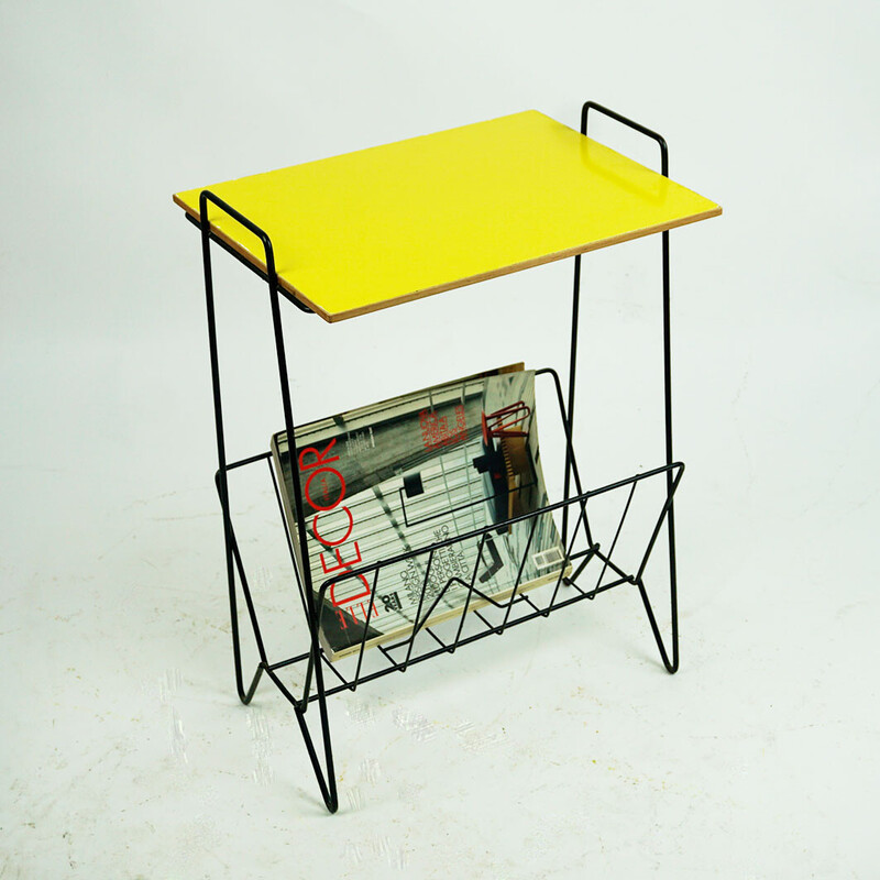 Italian mid century black iron side table with magazine rack