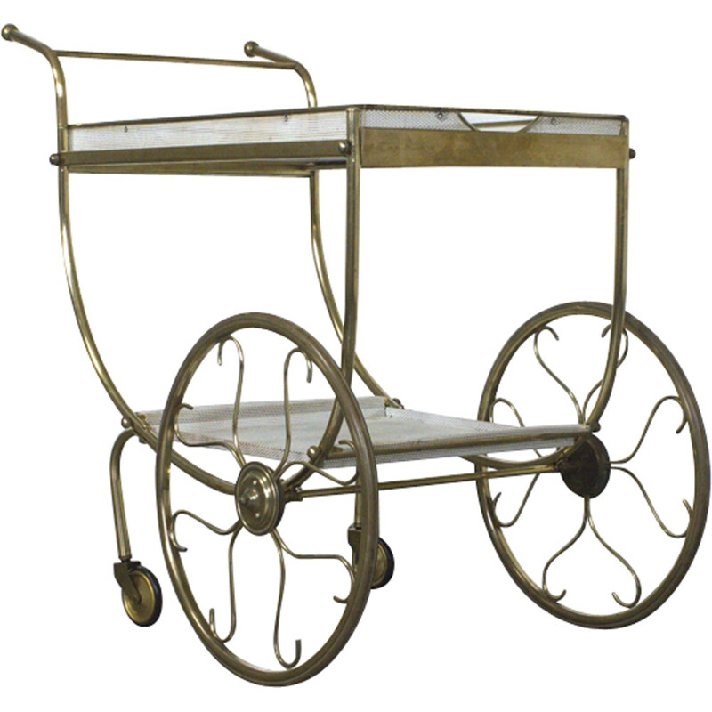 Tea serving trolley with two levels in perforated metal and brass- 1950s