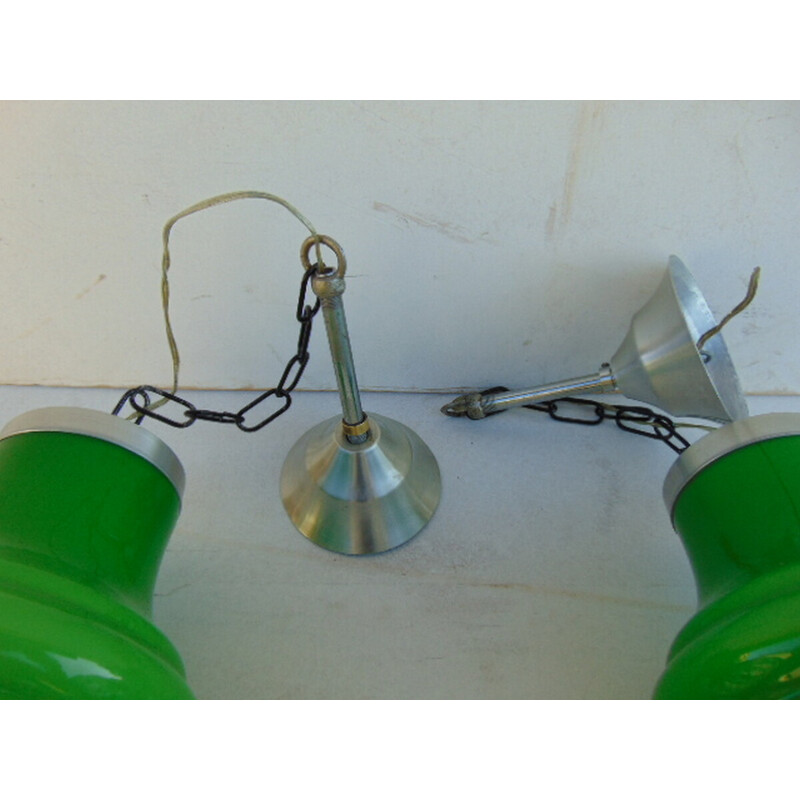 Coppia di lampadari vintage in vetro e alluminio