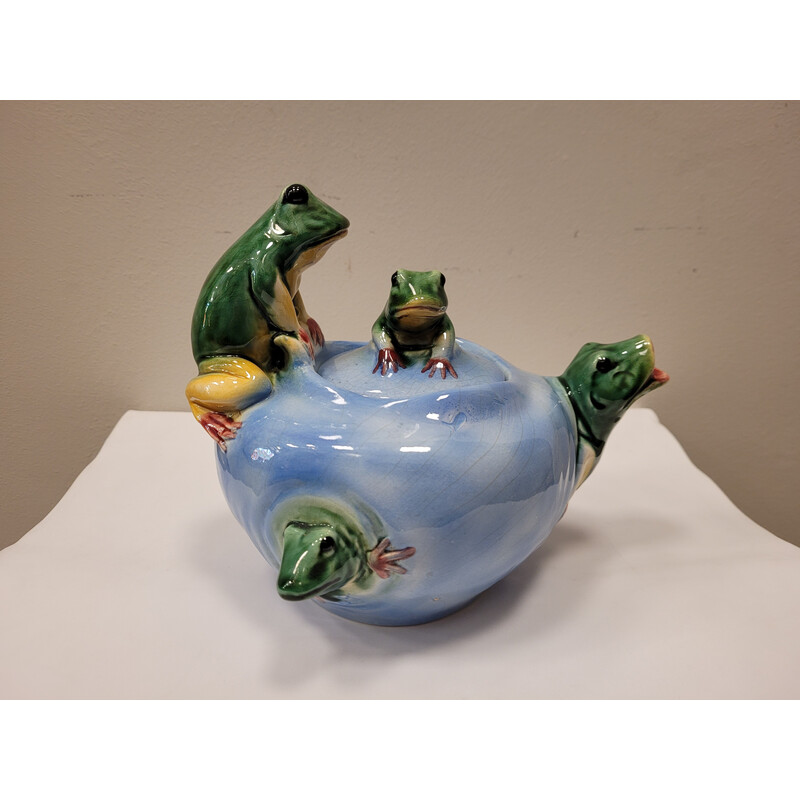 Vintage ceramic teapot "Frogs" by Delphin Massier, France