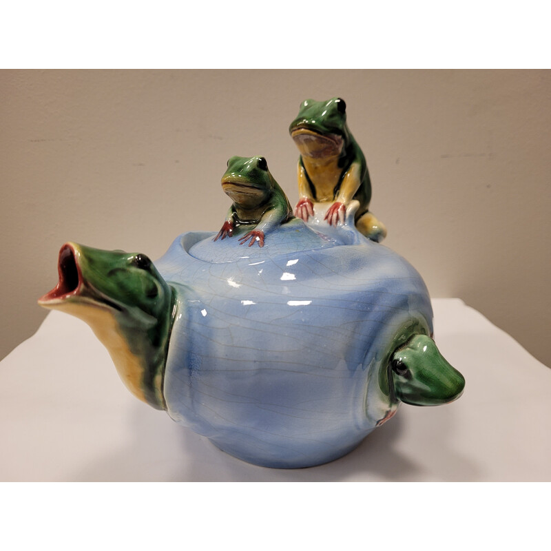 Vintage ceramic teapot "Frogs" by Delphin Massier, France