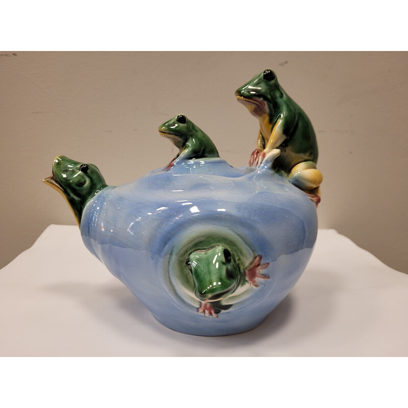 Vintage ceramic teapot "Frogs" by Delphin Massier, France