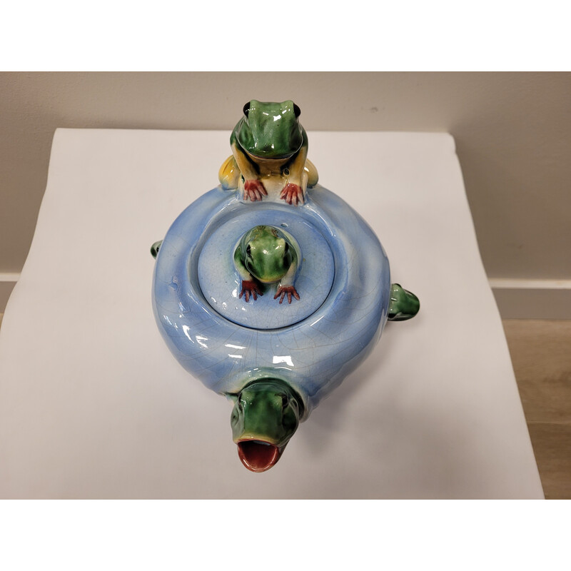 Vintage ceramic teapot "Frogs" by Delphin Massier, France