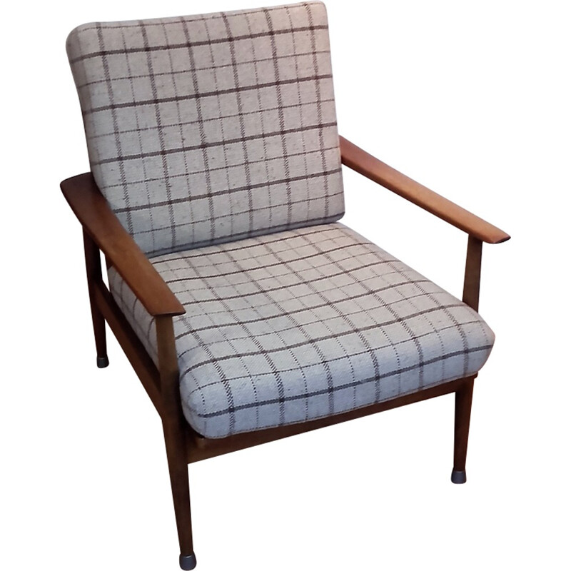 Solid cherrywood armchair with a check fabric by W. Knoll for Knoll Antimott - 1950s 