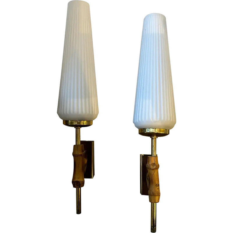 Pair of mid-century brass, wood and white glass Italian wall lamps, 1950s