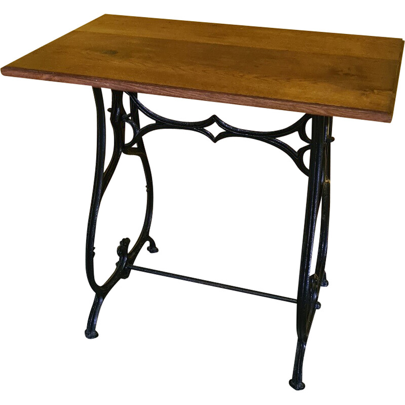 Vintage French cast iron side table with oakwood top, 1900s