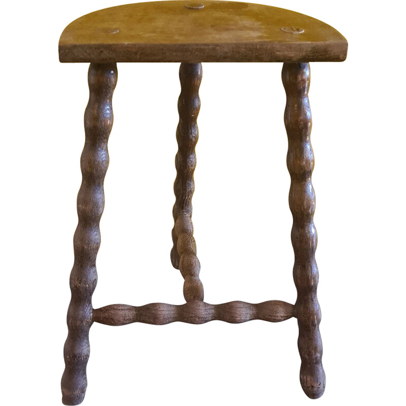 Vintage French wooden peasant stool, 1970s