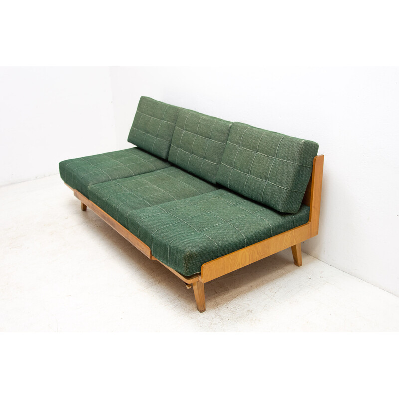 Sofá-cama dobrável vintage em madeira de faia da Drevotvar, Checoslováquia 1970