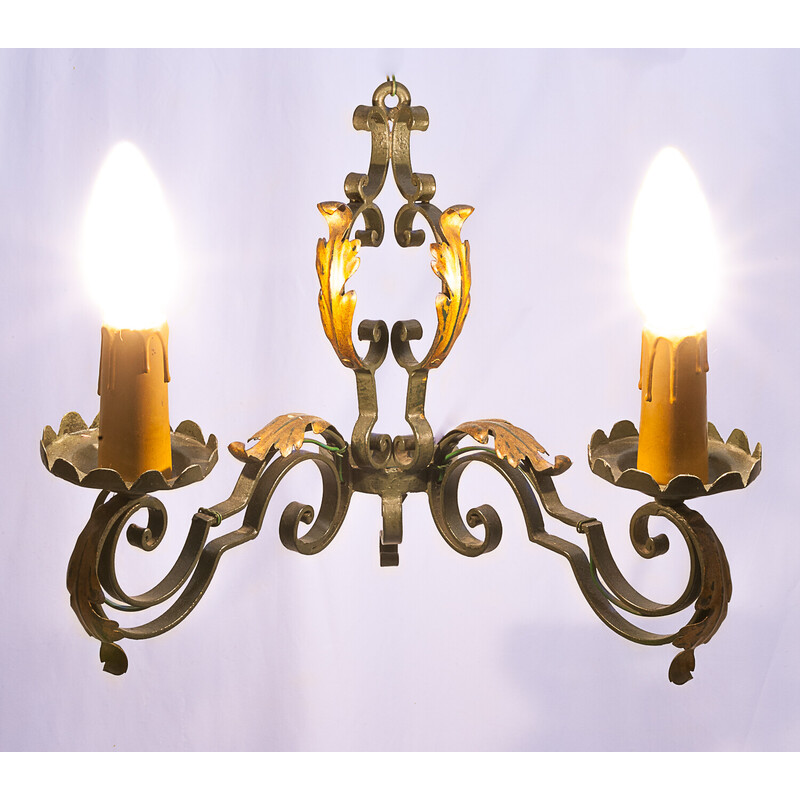 Set of vintage chandelier and pair of wrought iron wall lamps by Gilbert Poillerat, 1950