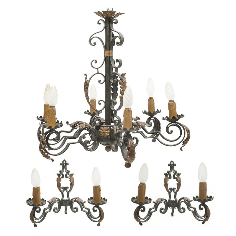 Set of vintage chandelier and pair of wrought iron wall lamps by Gilbert Poillerat, 1950