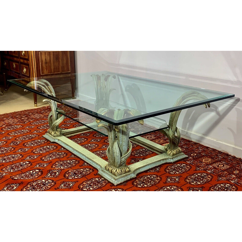 Gesneden hout en afgeschuinde glazen vintage salontafel