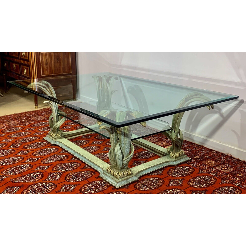 Vintage coffee table in carved wood and beveled glass