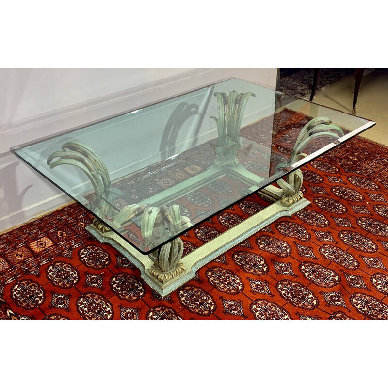 Vintage coffee table in carved wood and beveled glass