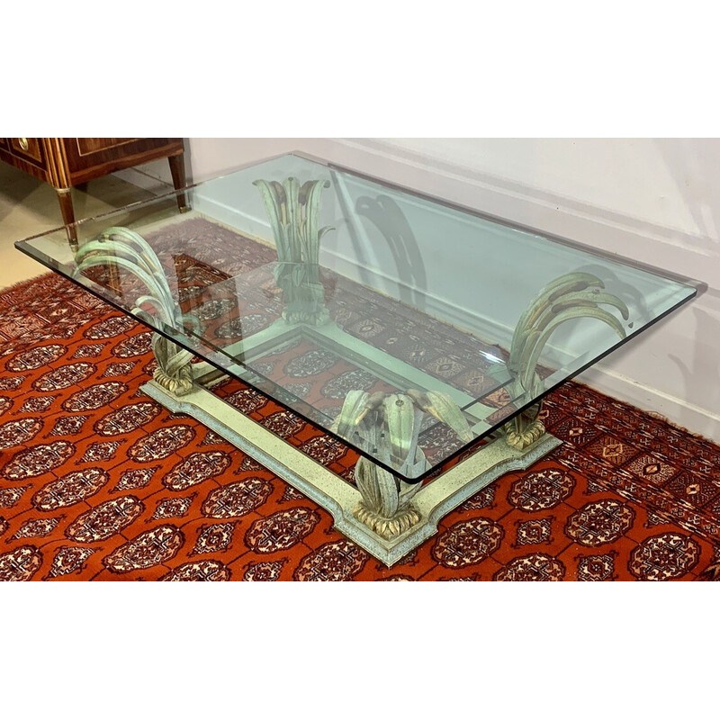 Table basse vintage en bois sculpté et verre biseauté