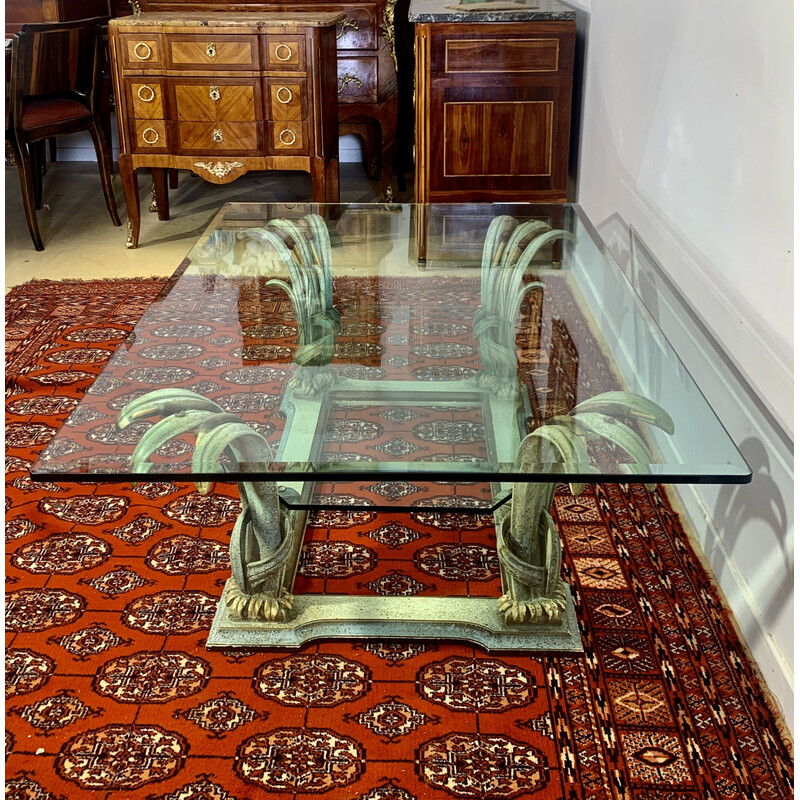 Mesa de centro vintage em madeira esculpida e vidro biselado