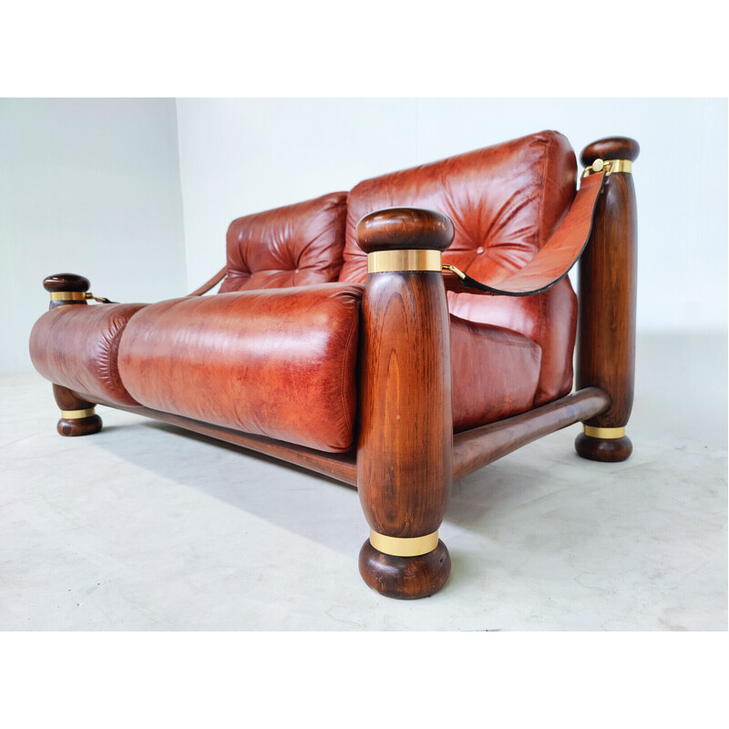 Mid-century leather and wood living room set, Italy 1970s