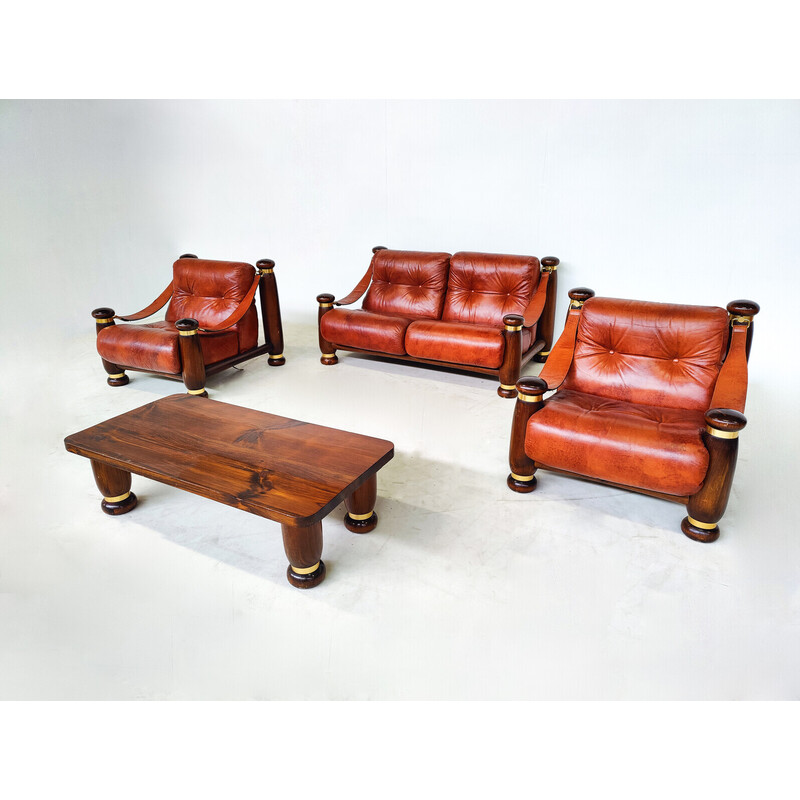 Mid-century leather and wood living room set, Italy 1970s