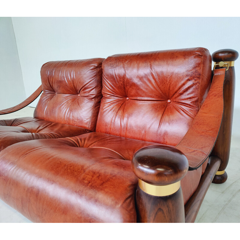 Mid-century leather and wood living room set, Italy 1970s