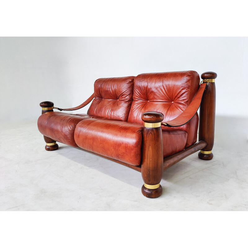 Mid-century leather and wood living room set, Italy 1970s